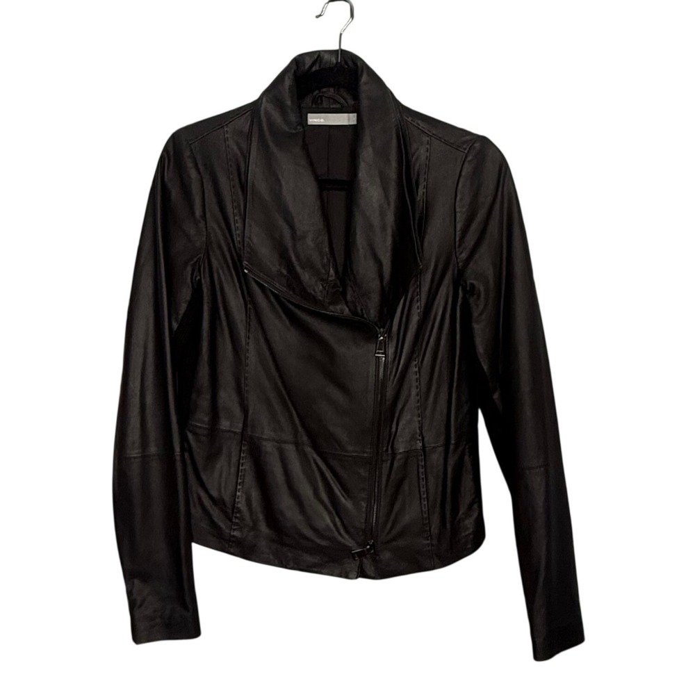 Vince 100% Leather Moto Jacket Womens Small Black‎ Ribbed Panel Casual Luxury